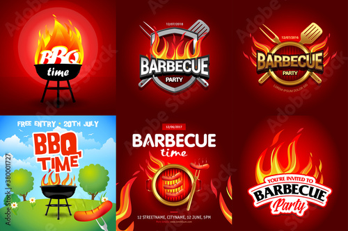 BBQ 6 colorful poster designs, party design, invitation, ad design. Barbecue logo. BBQ template menu design. Barbecue Food flyer. Barbecue advertisement.