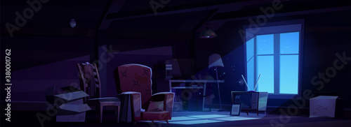 House attic at night, storage of old furniture under roof of residential building. Vector cartoon interior of dark attic room with vintage chairs, table, tv, floor lamp and cardboard boxes