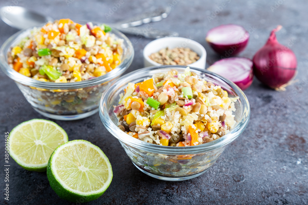 Lentil salad with veggies. Lentil salad with mix vegetables in bowl. Lentil salad with veggies. Lentil salad with mix vegetables in bowl.