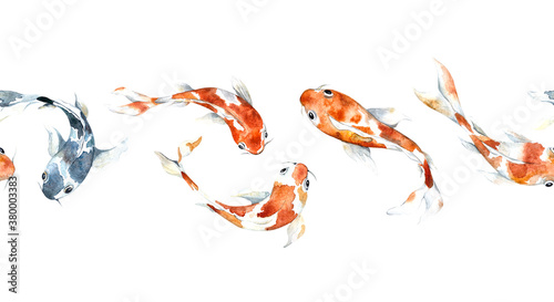 Watercolor border with koi carp. Border on a white background. Watercolor orange and blue fish for fabrics, banners, prints, postcards, gifts.