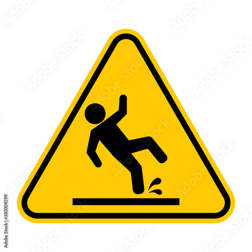 Wet floor sign. Vector illustration of yellow triangle warning sign with man slips icon inside. Caution slippery floor. Attention. Danger zone. Walk carefully.