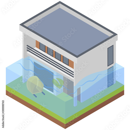 
Flooded home icon in isometric design 
