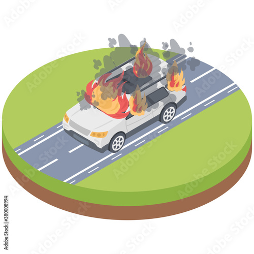 
Car on fire icon in isometric design 
