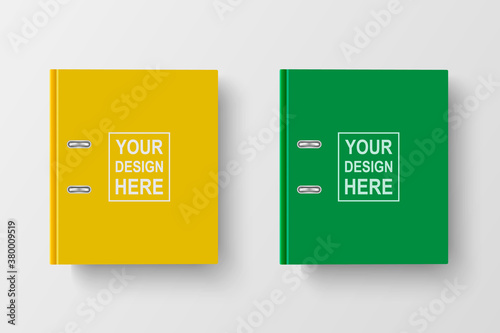 Vector 3d Closed Realistic Yellow and Green Blank Office Binder with Metal Rings for A4 Paper Sheet Closeup Isolated on White Background. Design Template, Mockup, Top View