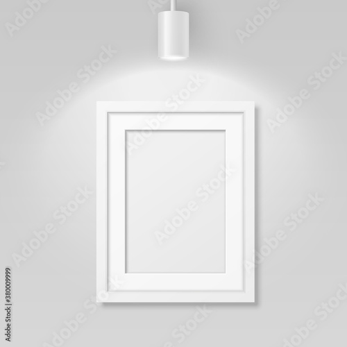 Vector 3d Realistic A4 White Wooden Simple Modern Frame for Presentstion on a White Wall Background with a Luminous Spot Lamp on Top, Above Frame. Design Template for Mockup, Front View