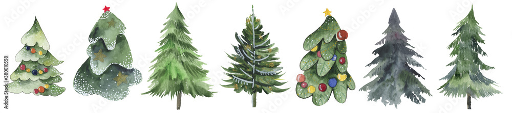 Christmas trees and snowflake set of holidays hand drawn paint winter season. set design holiday