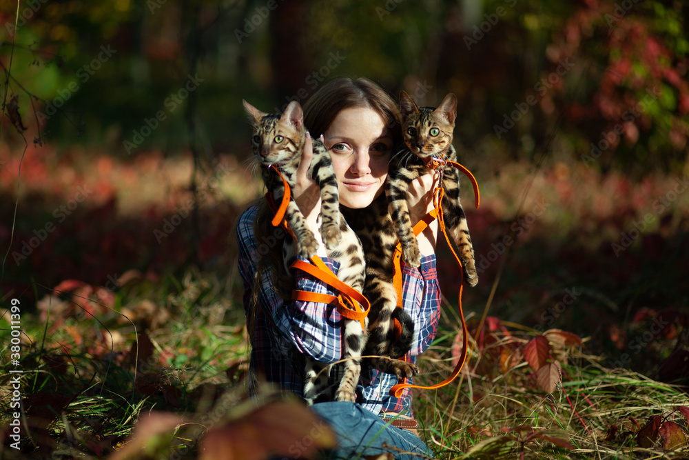 Beautiful girl in the autumn forest with a cat.