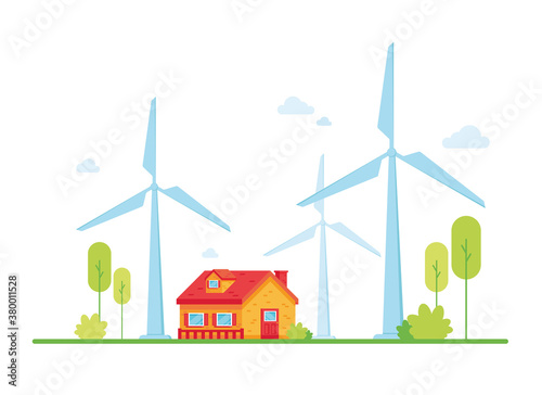Wind turbines for ecological power supply. Eco friendly house. Windy tower. Wind Energy. Caring for nature. Ecology generator. Green nature. Red and Yellow. Eps 10