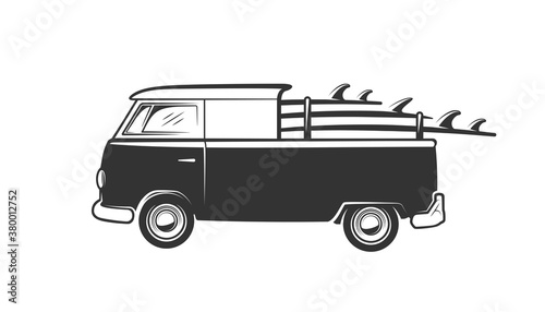 Van with surfboard isolated on white background