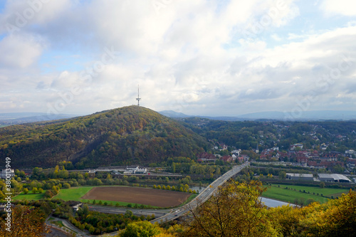 Blick auf das Wiehengebirge, Jakobsberg mit Fernsehturm, Porta Westfalica und die Weser, Weserdurchbruch bei Minden von Kaiser-Wilhelm-Denkmal aus gesehen, Ostwestfalen-Lippe photo