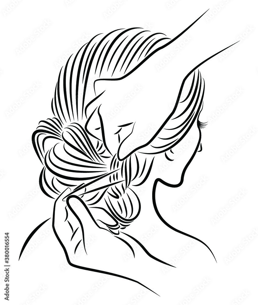 Naklejka premium Silhouette profile of the head of a lovely lady. The girl braids her long hair in braids with her hands. Vector illustration.