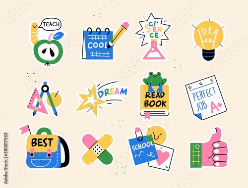 Back to school collection of badges for students with school supplies. Vector illustration