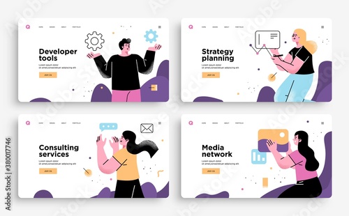 Set of Presentation slide templates or landing page websites design. Business concept illustrations. Modern flat outline style.