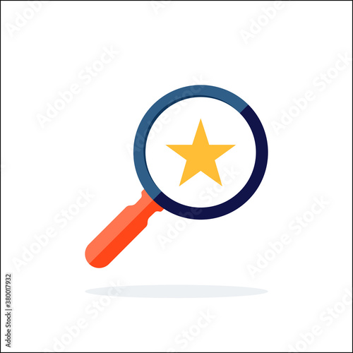 Magnifier glass with star icon. Best rating, premium quality, bookmark, favorite icon