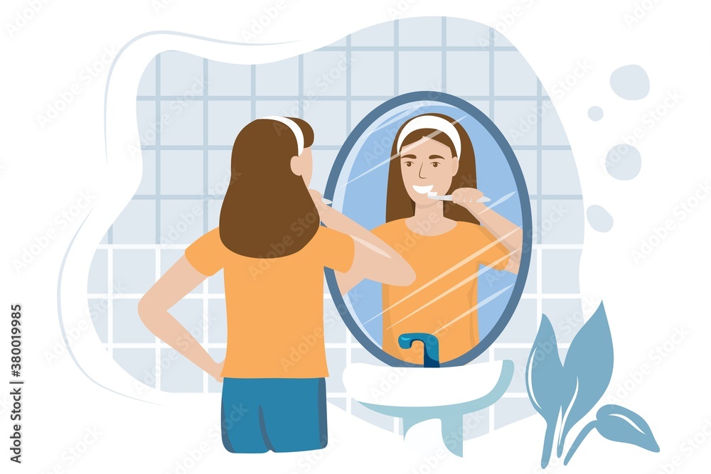 Young woman in the bathroom brushing teeth with a toothbrush reflection in the mirror vector illustration in flat How to brush teeth correctly Oral hygiene and dental procedures concept - obrazy, fototapety, plakaty 
