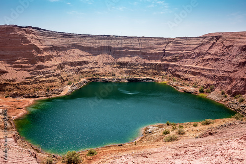 Deep blue hidden lake in Timna surrounded by mountains near Eilat, Arava Valley, Israel. 