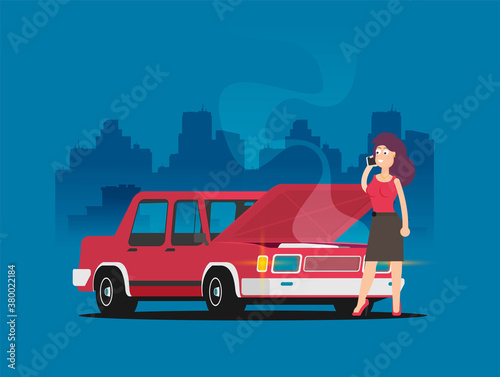 The girl is looking at broken motor. Flat vector.