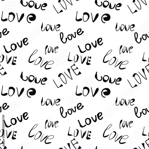 seamless pattern word love. black and white lettering. for printing on fabric, wrapping paper. Hand drawn lettering phrase. Black ink. Vector illustration. Valentine's Day. laconic confession. trend