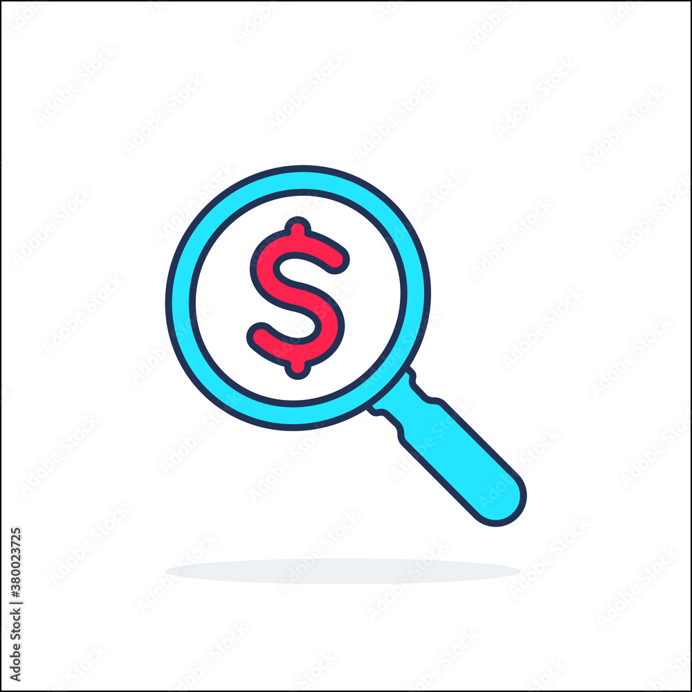 Looking for money. Magnifying glass in money icon design template. Icon for business finance, audit services. Currency and dollar sign, loupe or magnifier. Finance, investment and loan vector icon. Looking for money. Magnifying glass in money icon design template. Icon for business finance, audit services. Currency and dollar sign, loupe or magnifier. Finance, investment and loan vector icon.
