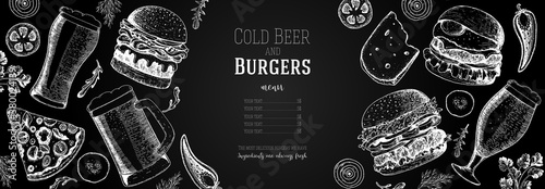 Pub food menu. Beer and burgers vector illustration. Fast food, junk food frame. Elements for burgers restaurant menu design. Engraved image, retro style.