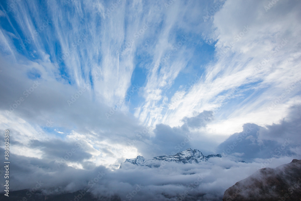 Mount Kongde-Ri wrapped in clouds, Nepal landscape