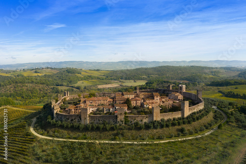 aerial view of the medieval town of monteriggioni tuscany italy