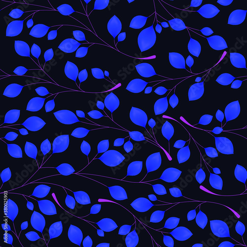 Branches with blue leaves on a black background. Seamless Vector illustration. Stylish background with graphic leaves. Use for wallpaper, web design, surface textures, textile prints, wrapping, etc.