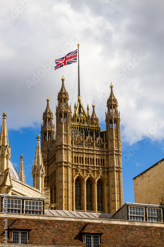 Union Jack flies over the Houses of Parliament in Whitehall, London