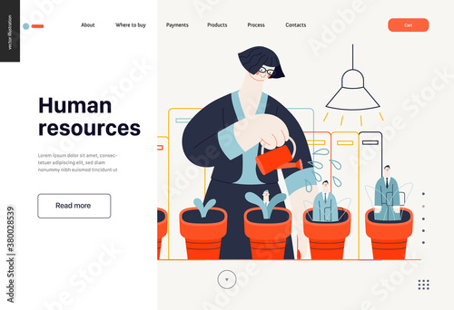 Business topics - human resources, web template, header. Flat style modern outlined vector concept illustration. HR manager, watering flower pots with growing managers in them. Business metaphor.