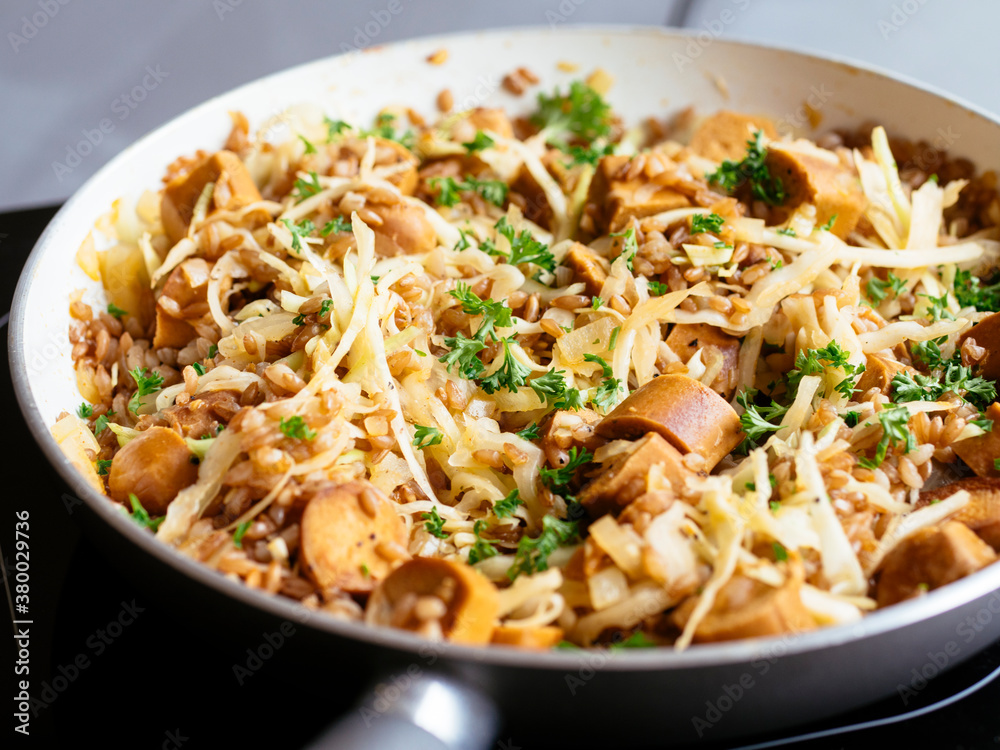 Emmer Risotto with Cabbage and Vegan Hot Dogs Emmer Risotto with Cabbage and Vegan Hot Dogs