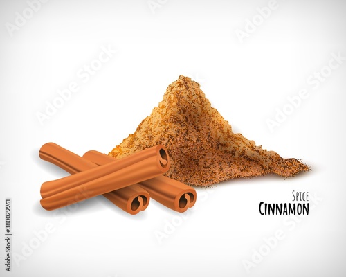Realistic image of cinnamon sticks and cinnamon powder. Lettering Spice Cinnamon. Flat style. Vignette background. Elements for web designs.