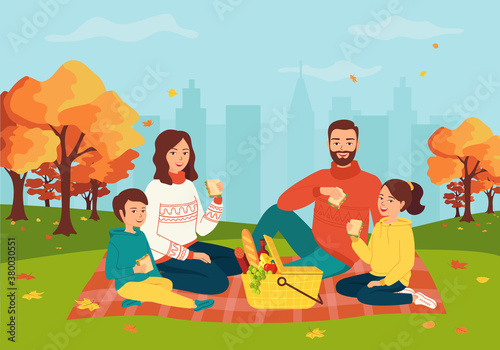 Happy family with two children on a picnic in the autumn city park. The concept of an outdoor weekend in the fall. Mom, dad, son, daughter are sitting together in nature. Cute vector illustration