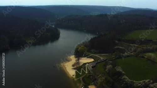 Aerial view of Wetterburg beside the Twistestausee in Hessen, Germany in early spring. photo