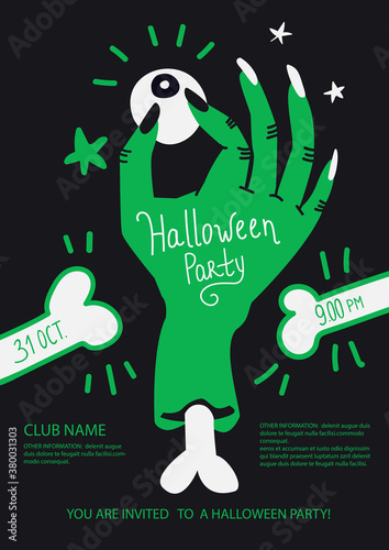 Halloween Party poster invite with zombie hand holding an eye. Layout template vector illustration in duo tone colors style. Good for typographic print, poster, card,  flyer,  placard and other promo 