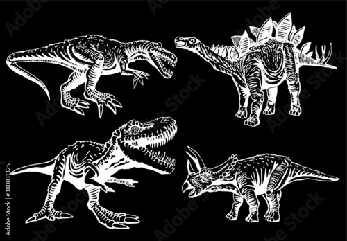 Grahical set of dinosaurs on black background, vector illustration © Vita