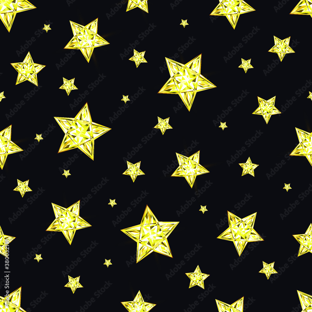 Shining crystals stars background. 3D vector illustration of space and night background. Golden stars seamless pattern. Design for poster design, website, cards, logo, print, wrapping. 