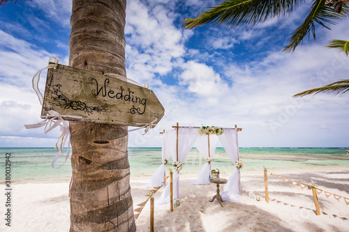 Carta da parati Close up view of wedding wooden plate on the palm tree and colorful decorated we
