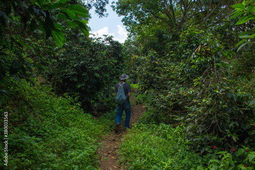 Amaga  Antioquia   Colombia. March 31  2019. People walking through the countryside in mountainous landscape.