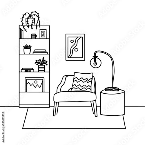 cozy home interior monochrome for decoration design. Elegant decoration. Trendy design. Cozy and sweet modern scandinavian interior. Home hygge concept. Reading chair and lamp. Books in the closet