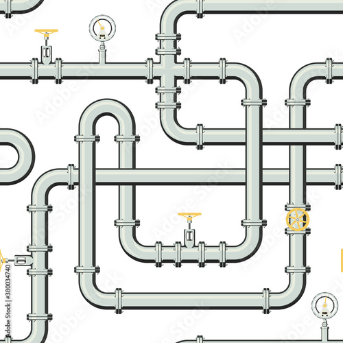 Pipeline seamless pattern. Branching and intertwining pipes with taps and manometers. Editable vector illustration in flat style.