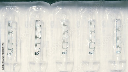 Pack of blank plastic syringes without injection needle. Vaccination or injection. High quality photo