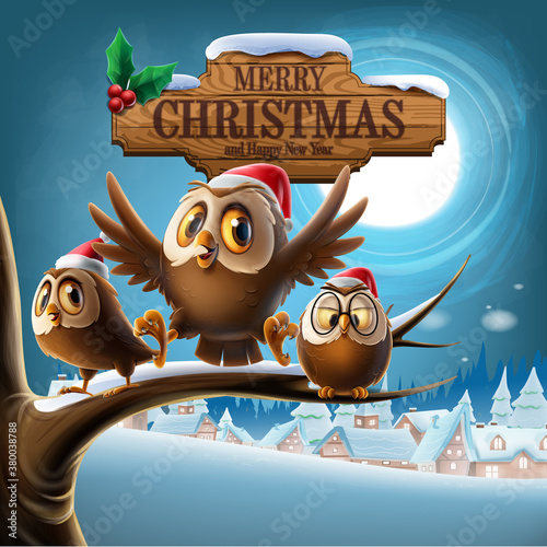 christmas owls on tree with snow