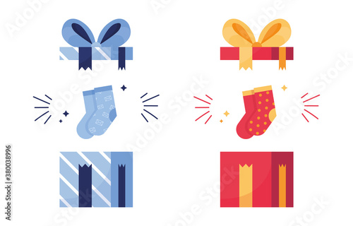 Set icon gift box present with colorful dot socks. Surprise for holiday, New Year, Christmas, xmas, Valentine day's. Open gifts with ribbon and bow. Blue and Red