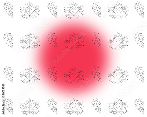 Autumn pattern of white maple leaves with black outline on a white background with a pink circle in the middle
