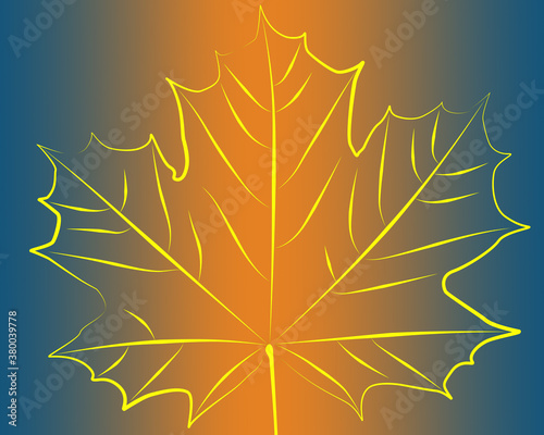 Large maple leaf with yellow outline on gradient blue and yellow background