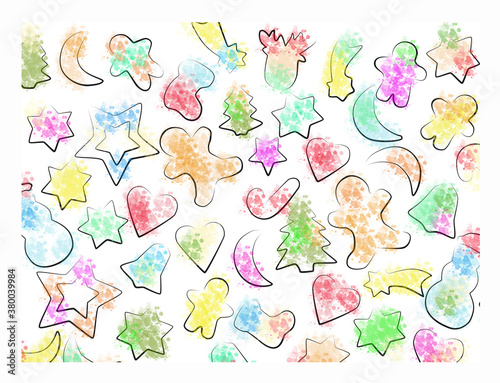 Multicolored pattern of new year symbols on a white background