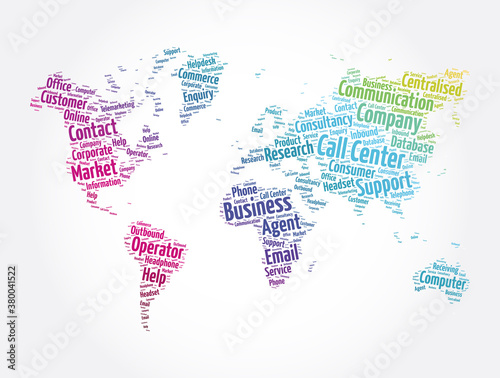 Call Center word cloud in shape of world map  concept background