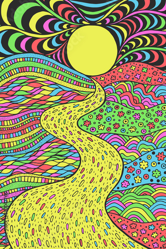 Psychedelic landscape. Colorful trippy artwork with line art. Pathway in meadows and waves. Seaside illustration. Doodle drawing. Vector artwork