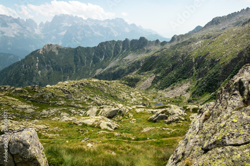 Majestic mountain peaks of Dolomites Brenta in Adamello Brenta Nature Park, Italy.