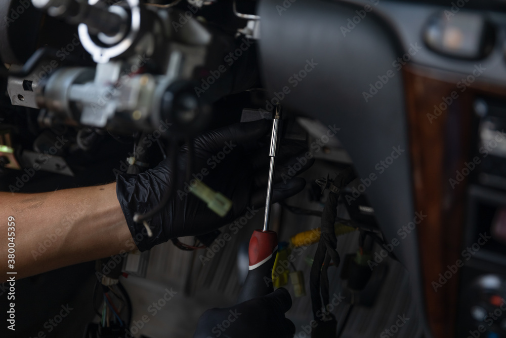 Close Up car steering wheel repair after the accident.